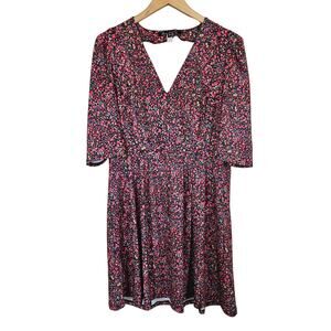 Hutch Anthropologie Fit Flare Dress Black Pink Ditsy Floral V Neck Womens Medium
